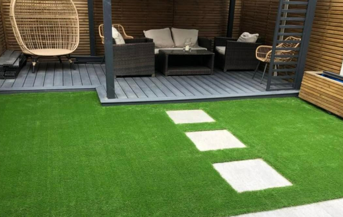 Composite pergola deck with artificial lawn