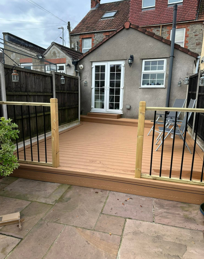 Raised timber-style deck with balustrade